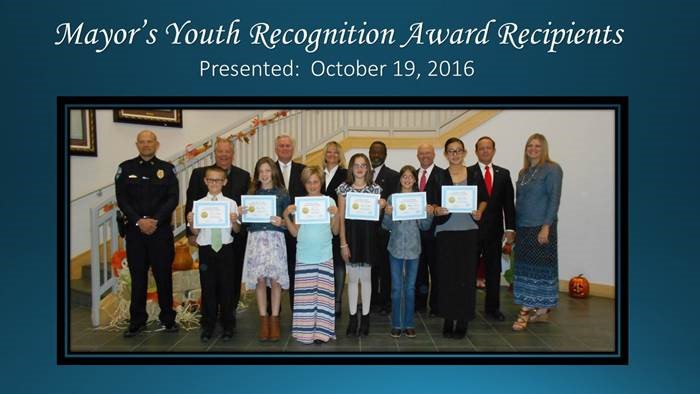 Mayor's Youth Recognition Award Presented October 19, 2016.